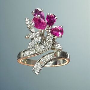 18K White Gold Ruby & Diamond Ring Italy Vintage Estate Fine Jewelry Sz 6.75